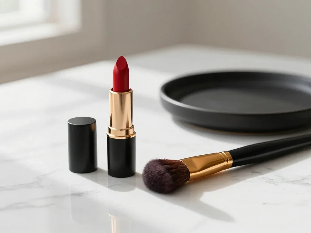 Barra de labios roja y pincel sobre mármol representando la elegancia y calma femenina contemporánea.