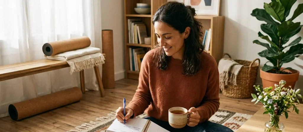 Mujer sentada en la alfombra de un salón luminoso y ordenado, planificando su semana en una agenda con una taza de té, rodeada de plantas y libros.