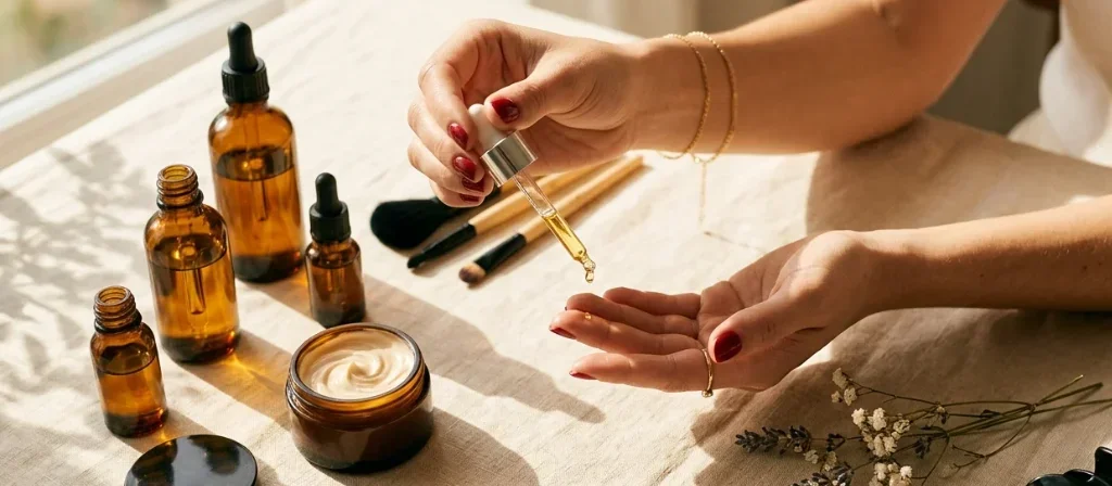 Manos de mujer aplicando una gota de aceite facial con un cuentagotas, junto a frascos de vidrio ámbar, crema, barra de labios roja y brochas.