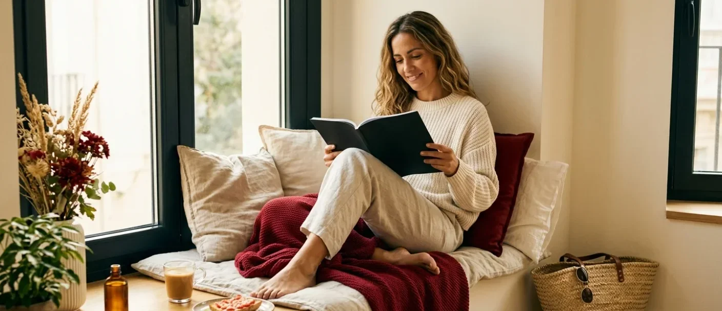 Mujer leyendo una revista con calma en un banco junto a la ventana, con una manta roja, un café con leche, una tostada con tomate y una planta a su alrededor.