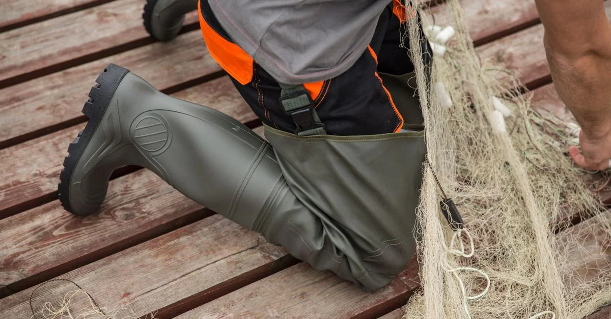 Un hombre en botas de lluvia se agacha mientras repara una red de pesca sobre tablones de madera al aire libre.