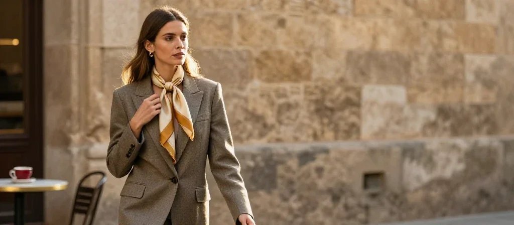 Una mujer española camina con elegancia por una calle histórica luciendo accesorios de moda contemporánea.