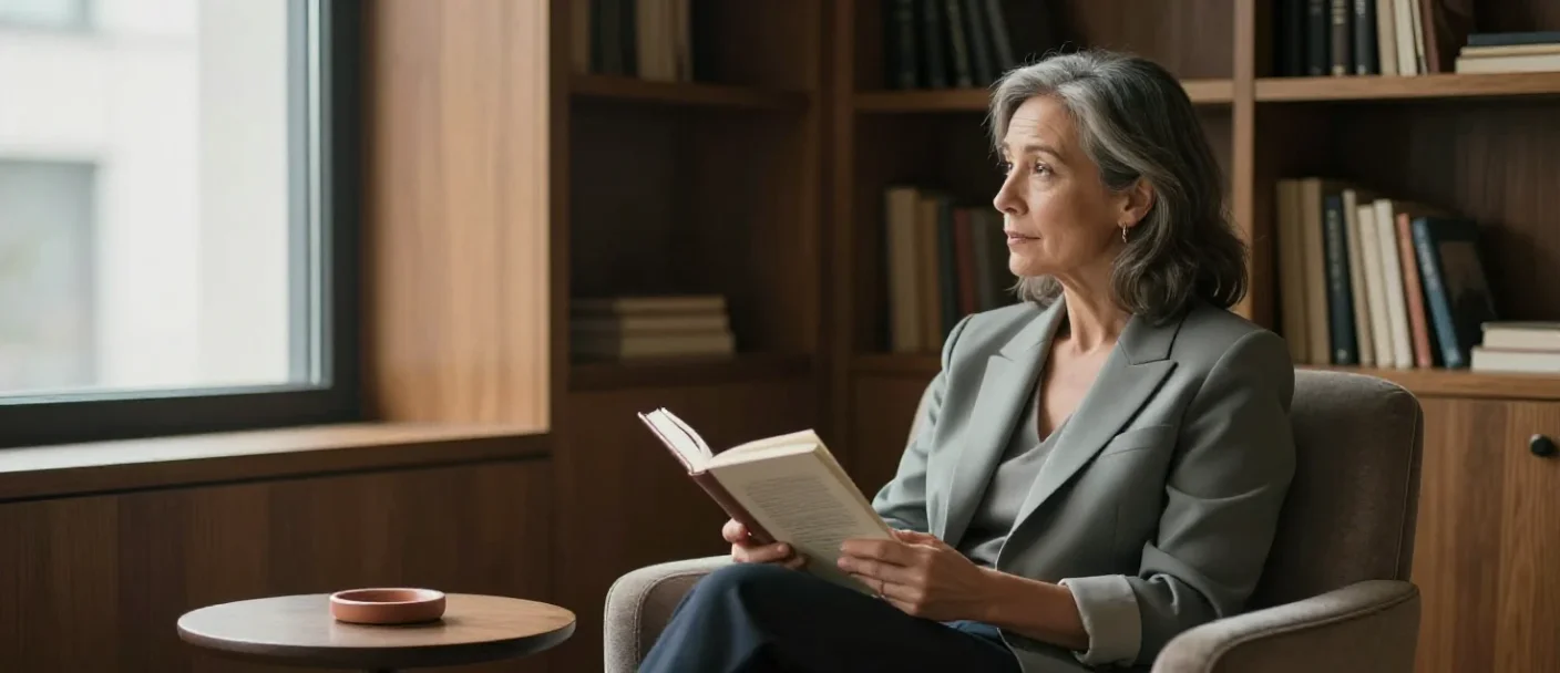 Mujer reflexionando durante una lectura pausada para representar el criterio y análisis profundo de Femme.