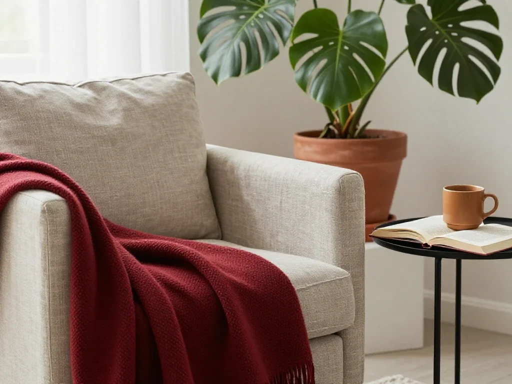 Rincón de lectura minimalista con sillón de lino que transmite la calma femenina contemporánea.