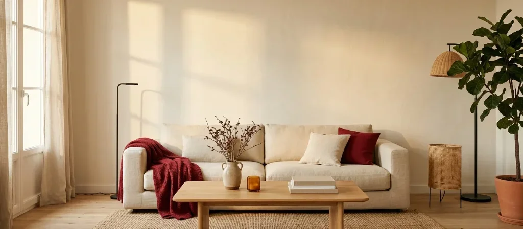 Salón cálido de estilo mediterráneo con sofá de lino crema, manta roja, mesa de roble y luz dorada de la tarde entrando por la ventana.